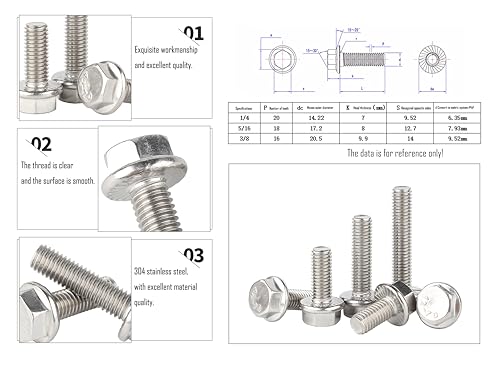 Image of LBY 20pcs Hex Flange Bolt, 1 /4-20 x 2'' (Fully Threaded) Flanged Hex Head Bolts, Flange Hexagon Screws, 304 Stainless Steel (Silver)