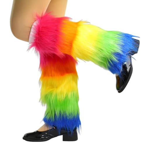 Abien Womens Rave Fur Leg Warmers Rainbow Leg Warmer Faux Fur Boot Sleeves Long Boot Covers Mardi Gras Accessories for St. Patrick's Day Rave (Colorful)
