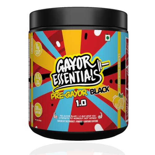 Image of Gayor Essentials Pre Gayor Black 1.0 Pre Workout Powder | Pre Exercise Supplement for Men & Women | Energy, Focus & Endurance | Citrulline, Beta Alanine, Caffeine, L-Theanine (Lemon Shikanji,286g)