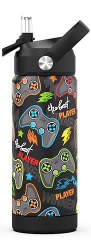 Ntswasd Trinkflasche Edelstahl Strohhalm-Thermosflasche 550ml-BPA Frei-Auslaufsicher-Thermo Wasserflasche für Schule,Sport,Kinder,Fitness(Spiel)