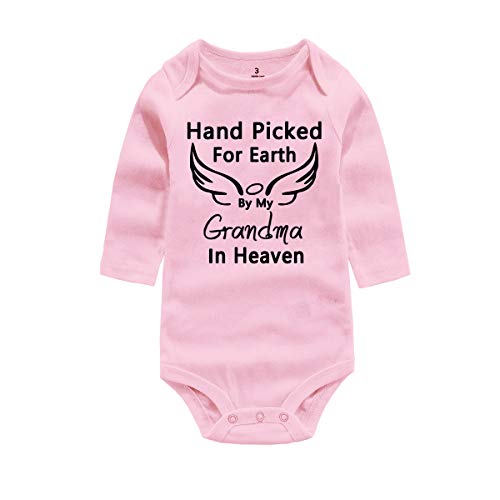 Newborn Infant Baby Rompers Hand Picked for Earth by My Grandma Grandpa in Heaven Summer Winter Bodysuit (Tag 3:for 0-3months, Grandma Pink-Long)