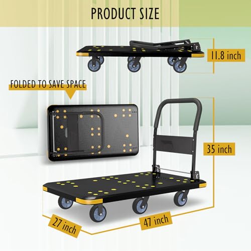 Heavy-Duty Foldable Platform Cart with 6 Wheels & 2000LB Capacity - 360° Swivel & Fixed Casters, Collapsible Push Cart Dolly Black Plastic Trolley, 5" Wheels, Spare Tire & Anti-Collision Corners by Chinco Star - Image 5