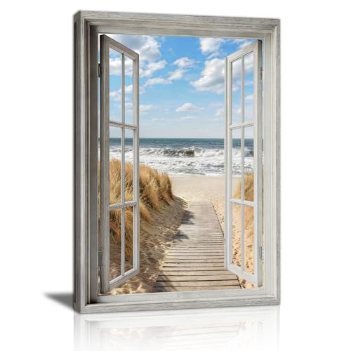 Image of Beach View 3D Window Effect Canvas Wall Art Prints, Vintage Blue Coastline Scenery Wall Pictures Modern Natural Beach Reed Canvas Painting Artwork Home Decor for Bedroom Living Room Kitchen 30X40cm