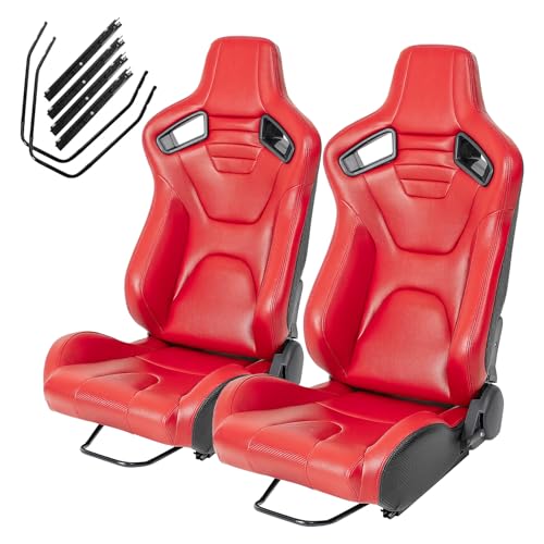 2PCS Reclinable Universal Automotive Racing Seats for Cars with PVC Leather Adjustable Racing Bucket Seats with Dual Sliders,180° Adjustment,Driver and Passenger Side RED