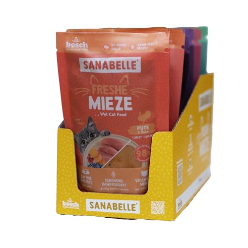 Sanabelle Freshe Mieze - Mixtray - 10 x 100 g - 4 délicieuses variétés de Nourriture pour Chat à Essayer - Nourriture Humide pour Chats Cuite à la Vapeur comme fraîchement Cuite