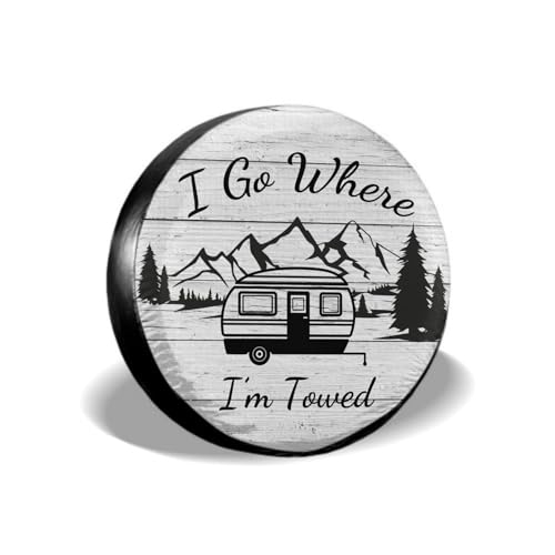 Image of I Go Where I'm Towed Spare Tire Cover Waterproof Dust-Proof Universal 17 Inch Wheel Protectors Camper Spare Tire Cover Fit for RV Trailer Truck Jeep SUV Rav4 Motorhome Travel Trailer Accessories