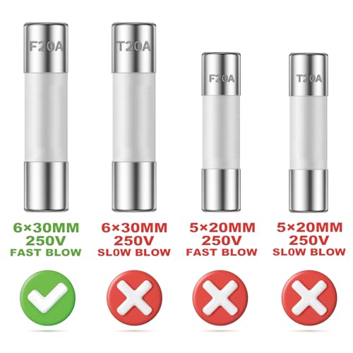 Image of 20A 250V 6x30MM Fast Blow Ceramic Fuses 20 Amp 250 Volt 0.24 x 1.18 Inch Fast-Acting Tube Fuse F20AL250V (Pack of 10Pcs)