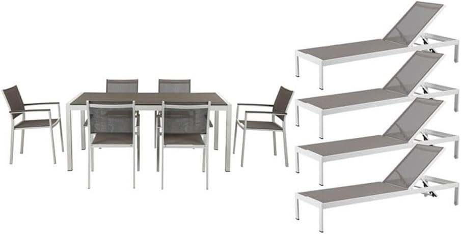 Pemberly Row 11-Piece Modern Aluminum Patio Dining Set, Gray/White Finish, Includes 71-Inch Dining Table, 6 Stackable Chairs, 4 Reclining Loungers, Durable Weather-Resistant Outdoor Furniture for