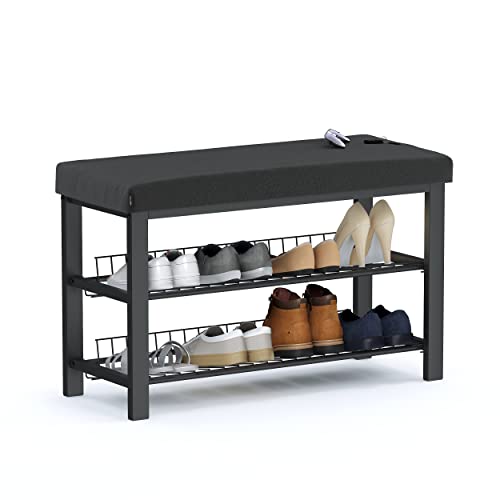 stardis stabiles Schuhregal mit Sitzbank platzsparende Schuhbank mit 2 Gitterablagen 81x50x32 cm, formschöner Schuhschrank für Flur, Wohn- und Schlafzimmer mit Schutz gegen Bodenkratzer (schwarz) Cover