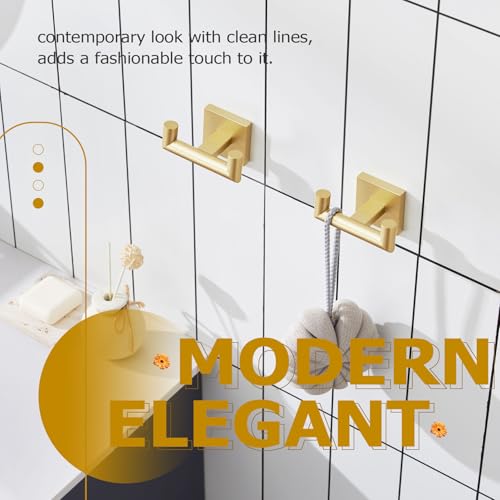 Image of KOKOSIRI Robe Hooks Bathroom Double Towel Coat Hook for Bath Kitchen Wall Mounted, 2 Pack Brushed Gold Stainless Steel B1015BG-P2