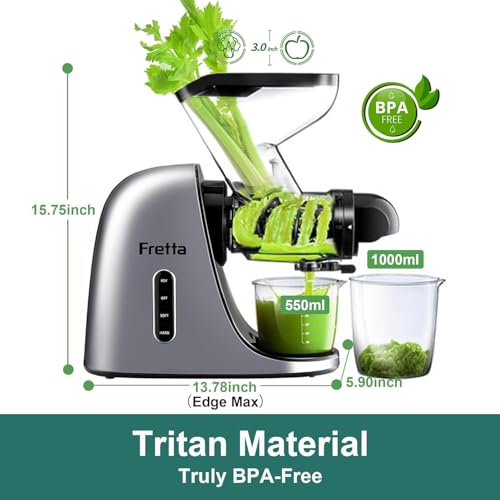 Image of Fretta Juicer Machines, Cold Press Juicer, BPA Free Masticating Juicer Machines Vegetable and Fruit, 3-Inch Wide Feeding Chute, Easy to Clean,Quiet and Strong DC Power, 200W
