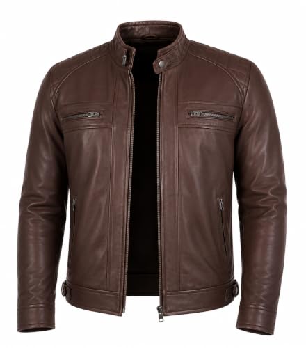Image of Genuine Leather Men's cafe racer jacket Sheepskin Quilted Motorcycle Style Lambskin Leather Jacket Men