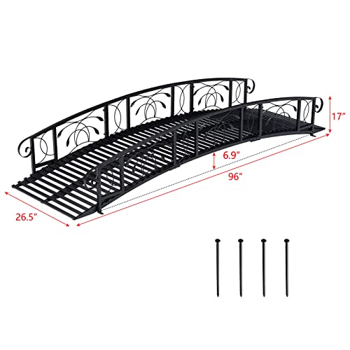 Kinsunny 8 Ft Metal Garden Bridge with 2 Safety Patterned Siderails Outdoor Decorative Iron Garden Arch Footbridge for Pond, Creek, Stream