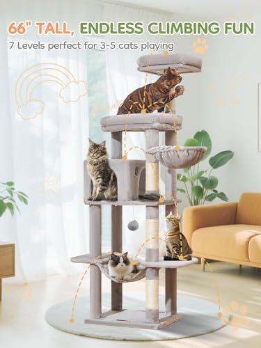 Image of Taoqimiao MS042W Cat Tree,66-inch Large Cat Tower with Scratching Posts, Luxurious Large Platform for Big Cats with Soft Hammock, Adjustable Basket, Deluxe Cat Cando, Top Perch Light Gray