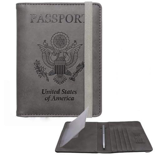 Image of WALNEW Passport Holder for Travel, RFID Passport Cover Wallet for Women Men, PU Leather Passport Book Card Holder Case with Pen (Upgraded, Upgraded-Gray)