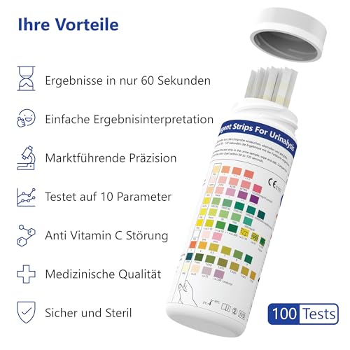 100x LuxmedIQ Urin Teststreifen - 10 Parameter Harnteststreifen - Teste auf Harnwegsinfektionen, Blasenentzündungen, Säure-Base Haushalt, Ketose, Diabetes, Leber- & Nierenerkrankungen, Blut im Urin
