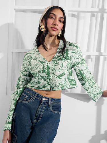 Image of The Souled Store Crop-Top: Green Forest Women and Girls Long Sleeves V Neck Button Front Green All Over Printed Viscose Blend Regular Fit Cropped Tops