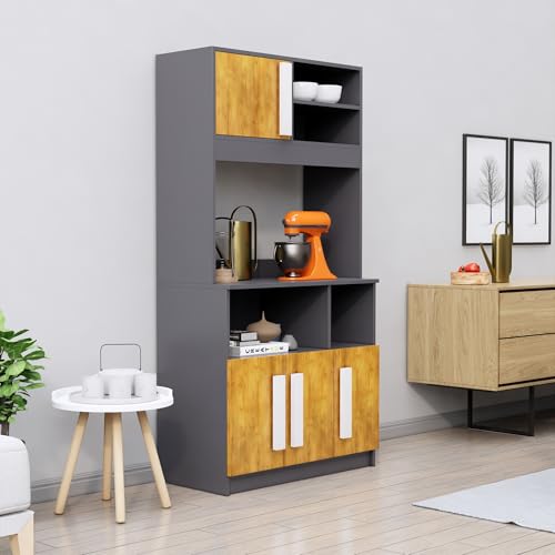 Image of Bniture Multipurpose Kitchen Cabinet | Engineered Wood Crockery Cabinet Modern with 4 Doors & Shelves | Crockery Unit for Dining Area | Kitchen Crockery Cabinet for Home | Slate Grey & Giant Wood