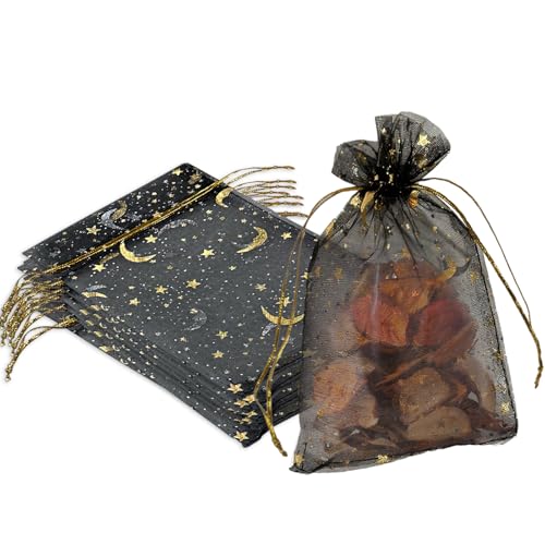 Image of YHJZ 100PCS Moon Star Organza Bags, 4x6 inches (10x15cm) Small Mesh Bags Drawstring, Jewelry Gift Pouches for Wedding, Party, Festival, Makeup Organza Favor Bags (Black)