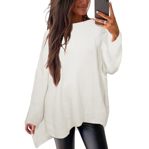 Women's Batwing Long Sleeve Oversized Sweaters Fall Loose Fit Knitted Side Slit Pullover Tops Large White