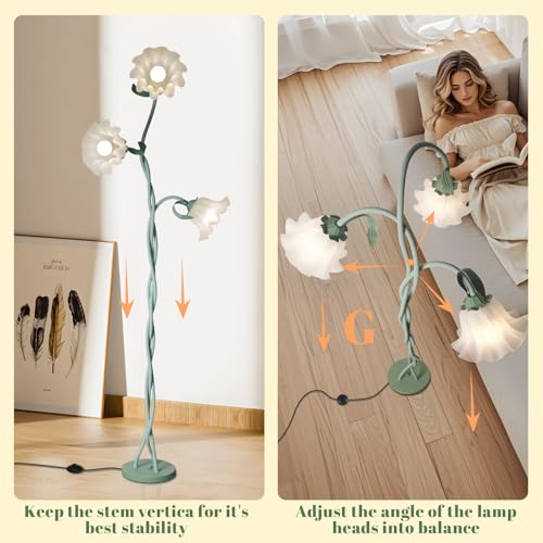Image of Flower Standing Lamp for Bedroom, Cute Corner Floor Lamp with Flexible Gooseneck,3 Light Floor Reading Lamp with 3 Color Temperatures, Bulbs Included, LED Tall floor Lamp for Living Room Corner(Green)