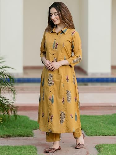 Image of Arayna Women's Pure Cotton Printed A-Line Kurta Set with Pants | Button-Down Collar Kurta