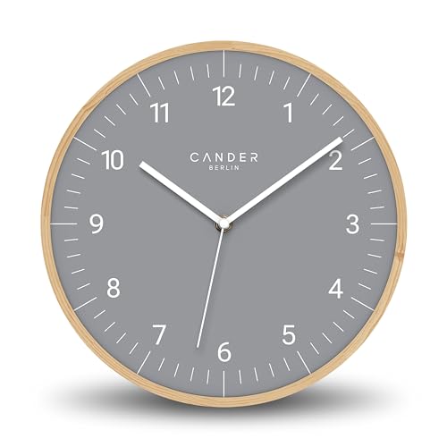 Cander Berlin MNU 8130 G Horloge Murale en Bois Massif silencieuse 30 cm Gris Moderne Vintage sans Bruit de tic-tac Salon Cuisine Analogique