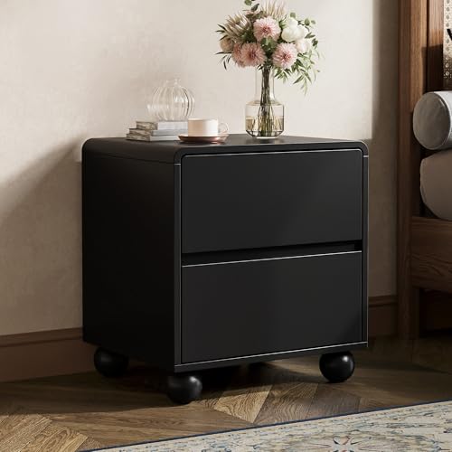 Image of MAISONARIA Curved Nightstand Set of 2, Modern Nightstand with 2 Large Storage Drawers, Wooden Endside Table for Bedroom, Black
