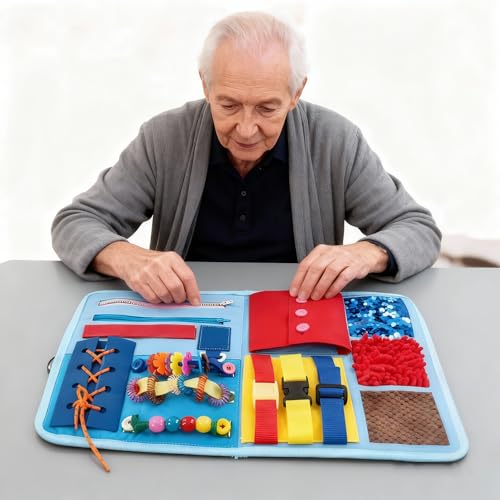 Fidget Blanket for Elderly with Dementia & Alzheimer's, Sensory Activity Mat with Fine Motor Skill Items, Calming Therapeutic Blanket for Seniors, Anxiety, Autism, Machine Washable & Portable (Blue)