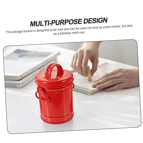 Image of KOMBIUDA 1pc Desktop Mini Trash Can Lid Versatile Pen Holder and Makeup Brush Organizer for Home and Office Space-Saving Iron Storage Bucket Red for Stationery and Item Storage