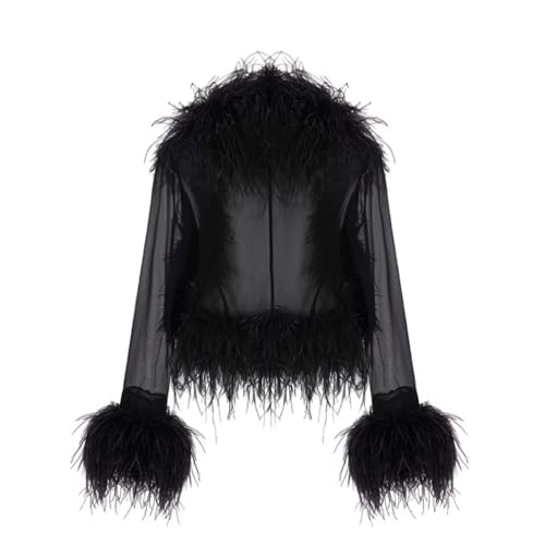 FE-19 See-Through Top with Real Feather Collar and Cuffs Silk Shirt for Women Sexy Girls Jacket4
