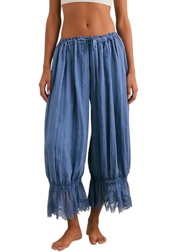 Image of NUFIWI Women Ruffle Long Bloomer Y2k Lace Trim Pettipants Pantaloons Mid Rise Cropped Pajama Pants Under Dress Slips