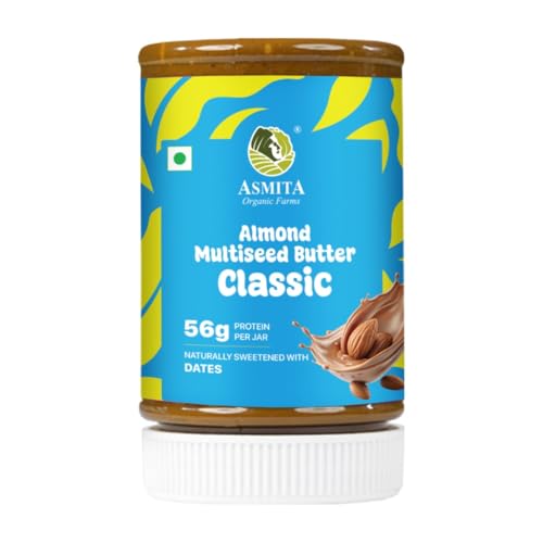 Image of Asmita Organic Farms Classic Creamy Almond Butter 250g | High Protein Spread | Made with 4 Super Multi-Seeds & Premium Almonds | Zero Palm Oil & Gluten-Free | Great for Spreads, Smoothies, Baking