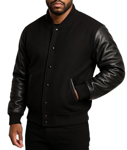 III-Fashions College Baseball Varsity High School Letterman Bomber Black Wool + Faux Leather Jacket For Mens - chaqueta tipo letra
