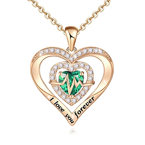 Heart Necklaces For Women 925 Sterling Silver Birthstone Pendant Necklace 18K Rose Gold I Love You Forever Necklace For Mom Anniversary Birthday Mother’s Day Valentine’s Day Jewelry Gifts For Mom Her Women Girls Wife-May Birthstone #TOP15