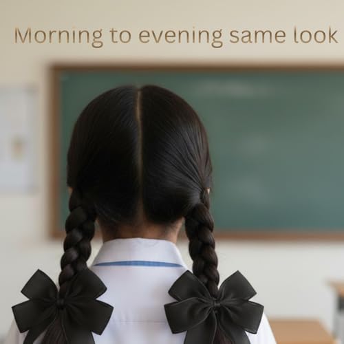 Image of Readymade Ribbon for School Girls - Soft Satin Bow Hair Accessory - Easy to Wear, Stylish & Neat Look - Ideal for School Uniforms bow in girls & Daily Use - Pack of 8 /School Ribbon in Kids / Black (black, More Coverage)