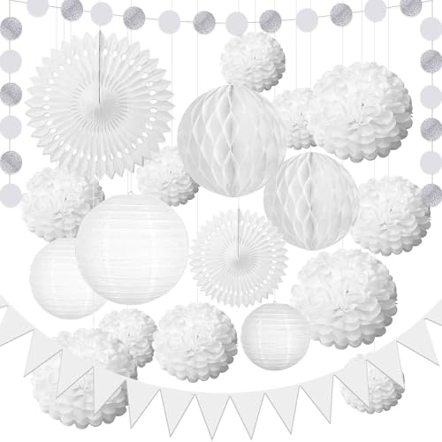Monattrod 20 faroles de papel para decoración de fiesta, farol colgante chino/japonés para decoraciones de fiesta blancas, pompones, kit de decoración de panal para cumpleaños, boda, Navidad