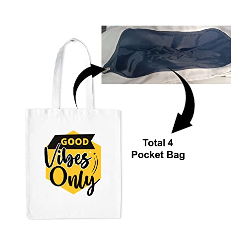 Image of Good Vibes Quotes Medium Canvas Tote Bag for Women with Zip, Stylish Polyster Cotton Handbags College Grocery Handbags L X H 38 X 43 Cms