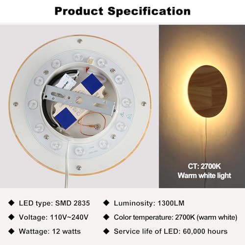 Image of Modern Minimalist Plug in Wall Sconces, Plug-in Or Cordless 7.9'' Round Wood Backlight LED Wall Lamp, 12W, 1300LM Warm White Brightness Wall Light Fixtures for Bedroom, Living Room Wall Decor