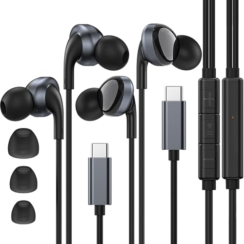 2 Pack USB C Headphones for iPhone 16/15, Type C Headphones with Mic & Volume Control, HiFi Stereo Customisable Fit USB C Earphones for Samsung Galaxy S24/S23/S22/21 with Type-C Interface - Black