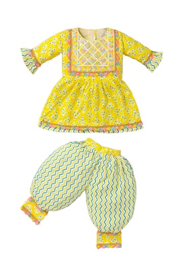 Image of Baby Girls Yellow Ethnic Clothing Set, Mirror Work Embroidered Frock with Zigzag Print Pants, Comfortable Cotton Outfit for Kids