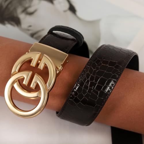 Image of Aurolran Men&Womens Leather Dress Belt Business Automatic Buckle Belt Color-Black Silver Gold