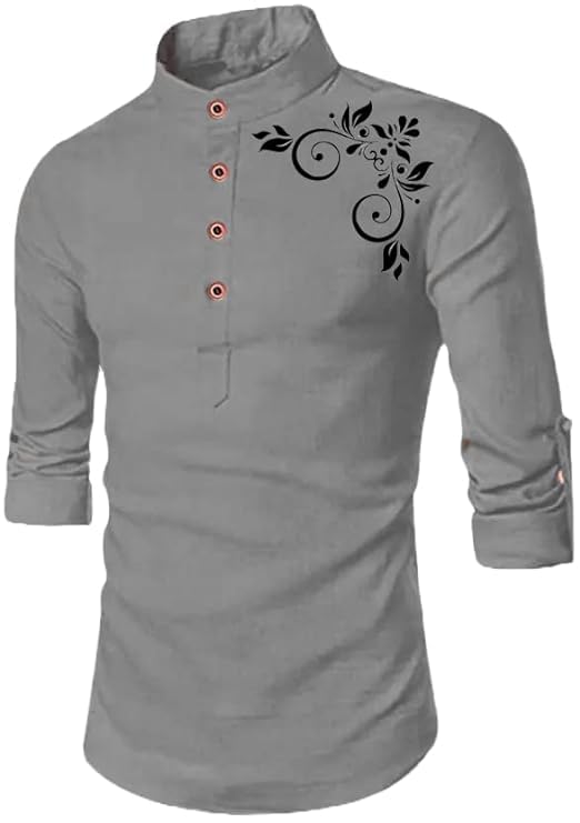 Image of DEELMO Men's Regular Fit Flower Pattern Short Kurta Grey