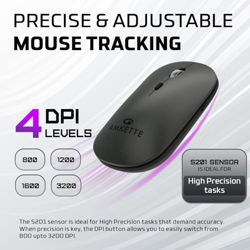 Image of Amkette Hush Pro Epic LP Rechargeable Wireless Mouse /Bluetooth Mouse | Multi-Device Connectivity with 2.4 GHz & 2X BT, Silent Switches, Slim & Lightweight Travel-Friendly Design, Upto 3200 DPI (Grey)