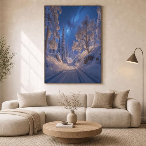 Tableau decoration murale style onirique paysage enneigé indigo et blanc sans cadre