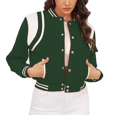 Fooullaide Womens Cropped Varsity Jacket Letterman Bomber Shacket Long Sleeve Button Down Baseball Coat