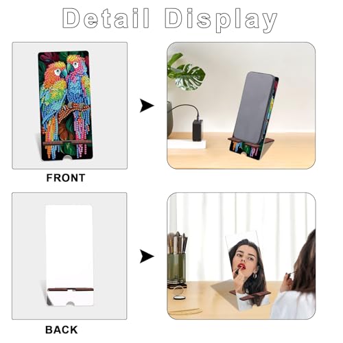 Image of Parrot Diamond Painting Phone Stand with Mirror, DIY Wooden Diamond Art Desktop Phone Holder, 2-in-1 Crystal Rhinestone Diamond Painting Craft and Tabletop Mirror