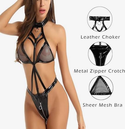Generisch Damski biustonosz bez rękawów typu "Wetlook", ze sztucznej skóry, z metalowym łańcuszkiem z frędzlami, czarny