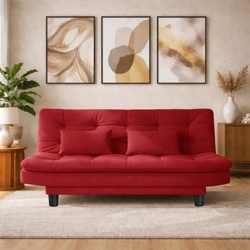 Image of Modern 3 Seater Sofa Cum Bed with Cushions, Foldable Convertible Couch, Velvet Fabric Sleeper Sofa for Living Room, Guest Room, Red