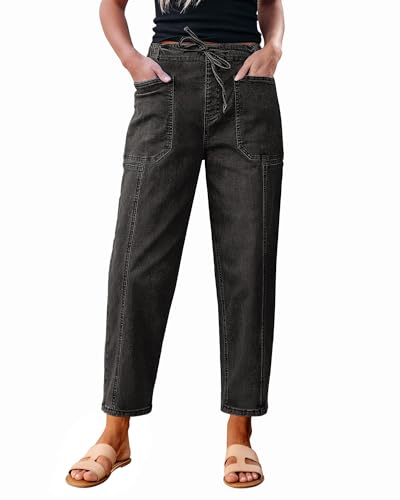 luvamia Barrel Jeans Women Trendy High Waisted Pull On Drawstring Elastic Waist Stretchy Denim Baggy Pants with Pocket